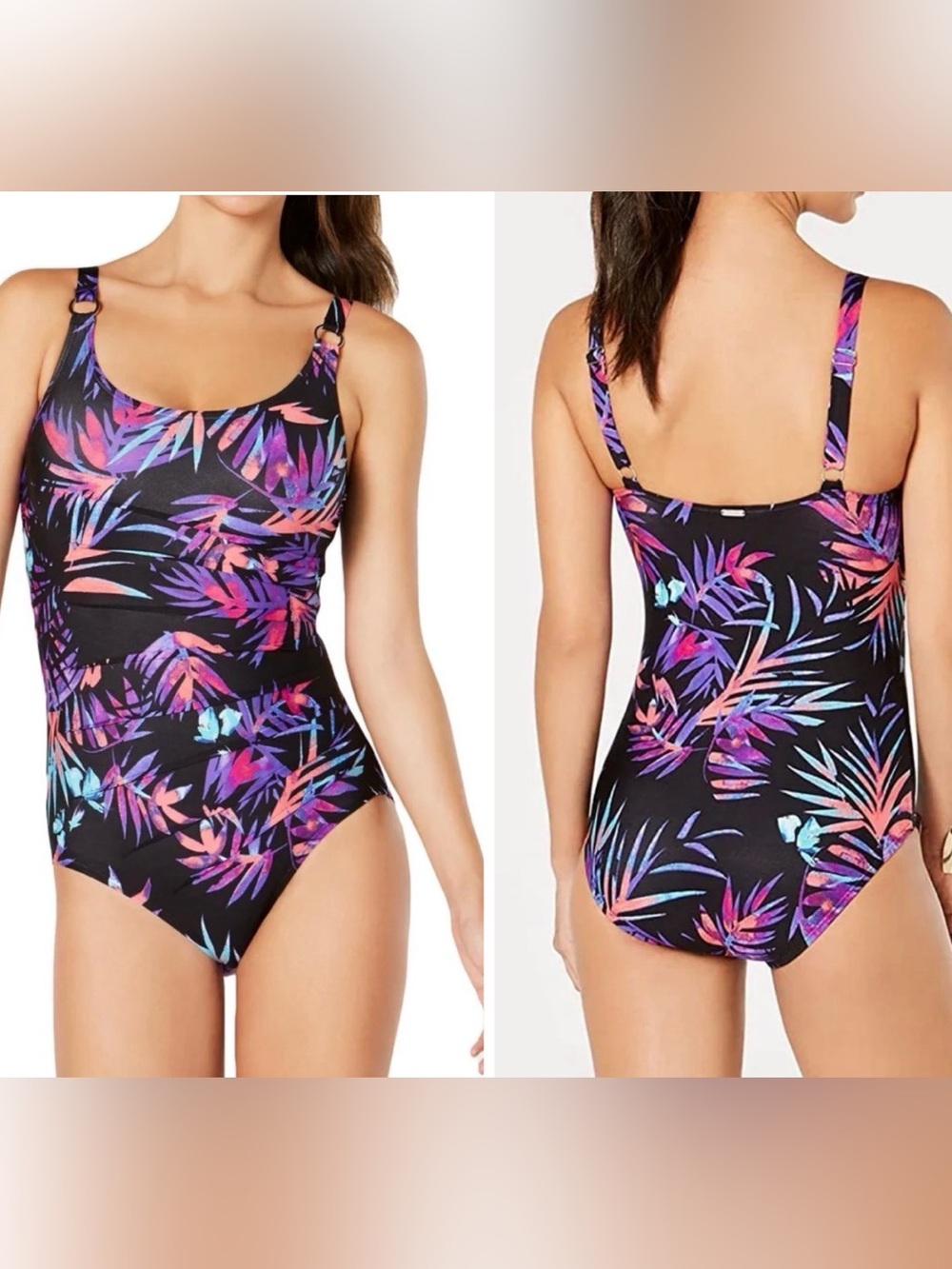 Calvin Klein Tropical Print Ruching Tummy Control One Piece Black Swimsuit Sz 12